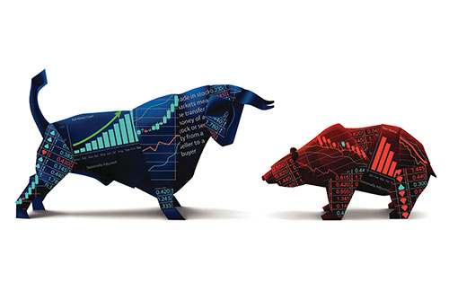 Cartoon drawings of a bear and a bull staring each other down